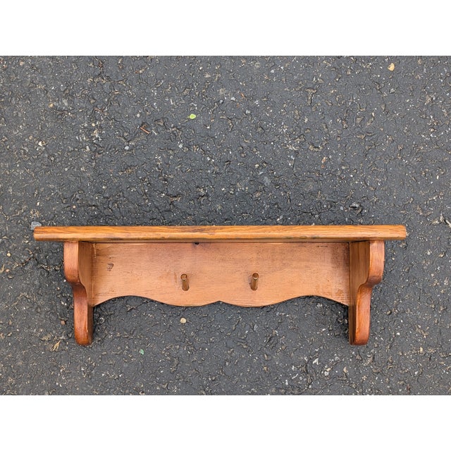Mid 20th Century Vintage Farmhouse Wood Wall Shelf With Peg Hooks For Sale - Image 5 of 8