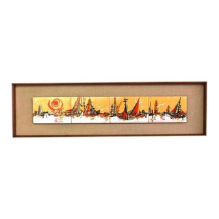 Vintage Mid Century Walnut Framed Enamel Tiles Ship Bay Motif Plaque For Sale