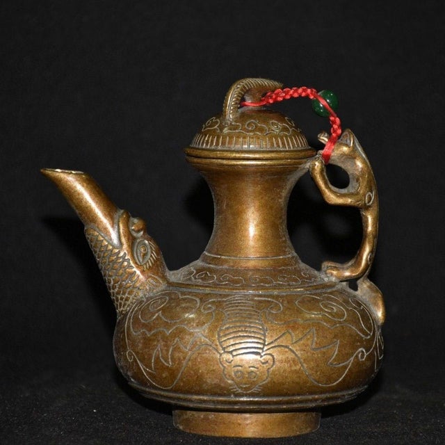 Brass Vintage Wine Ewer, Dragon Spout & Bat Engraved Motifs For Sale - Image 8 of 9