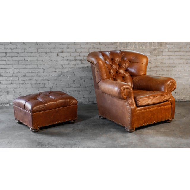 English Restoration Hardware Churchill Cigar Leather Luxe Writer's Chair and Ottoman For Sale - Image 3 of 18