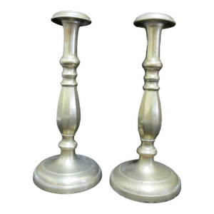 Antique Heavy Brass Gothic 12" Mantel Candlestick Candle Holder Pair