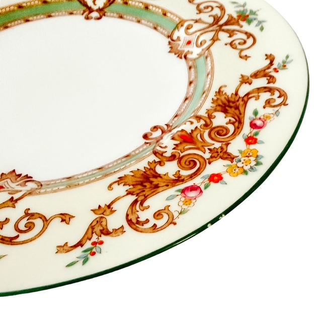 Green Antique English Cauldon Bone China Salad Plates With Raised Enamel & Gold Scrollwork - Set of 12 For Sale - Image 8 of 8