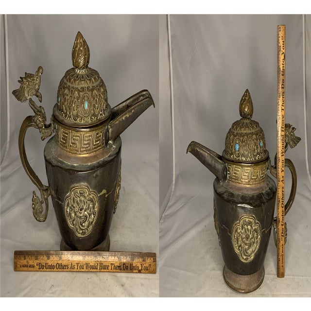 Antique Chinese Tibetan Dragon Teapot: Mixed Metals, Turquoise Jewels For Sale - Image 10 of 10