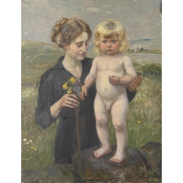Heinrich Pforr, Nude Boy – Mother Erna with Son Walter, Oil Painting on Canvas, in Very Good conditions. Designed 1890 to...