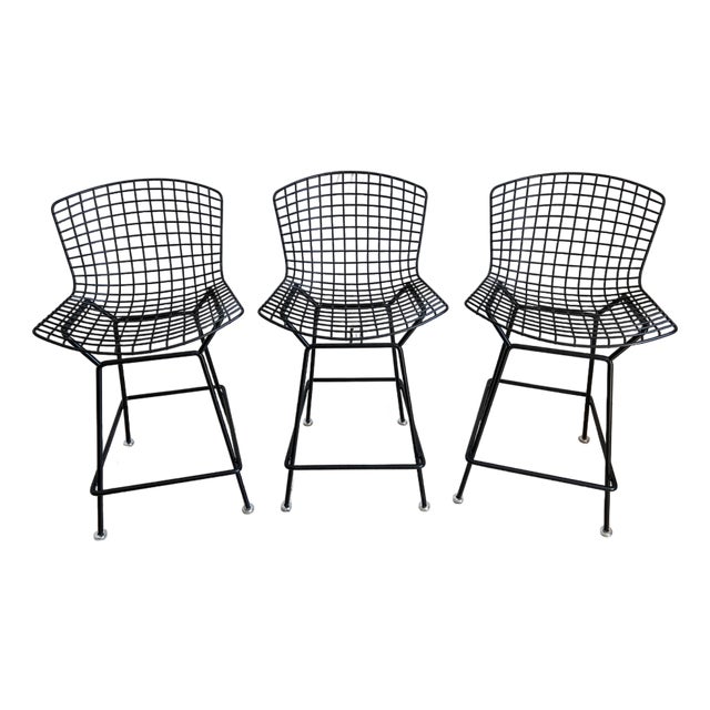 Late 20th Century Authentic Knoll "Bertoia" Black Bar Stools - Set of 3 For Sale