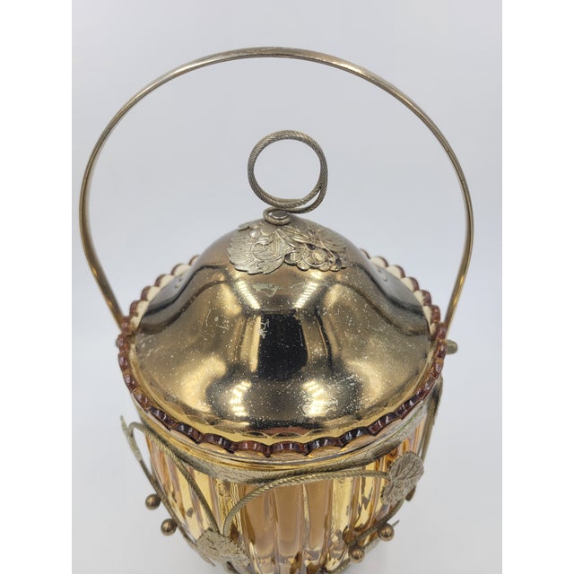 Japanese Mid 20th Century Japanese Amber Optic Glass Musical Biscuit Jar With Grape Leaf Filigree For Sale - Image 3 of 12