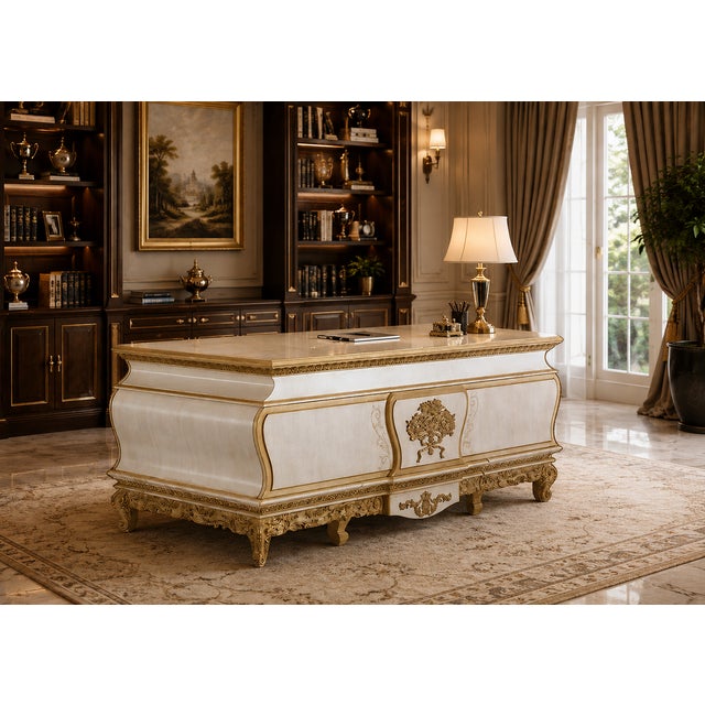Make a striking statement with this luxurious white and gold writing desk, beautifully crafted with ornate European-...