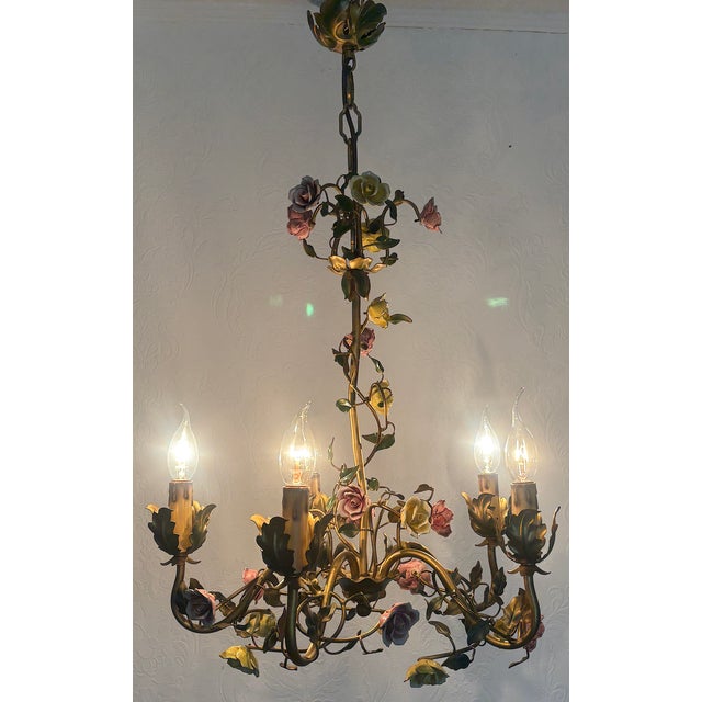 Italian Metal and Porcelain Flower Chandelier, 1940s For Sale - Image 15 of 17