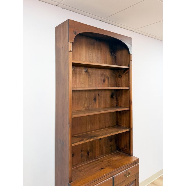 Handmade Pine Walnut Tone Bookcase Desk Drawers Cabinet Antique Style For Sale - Image 4 of 16