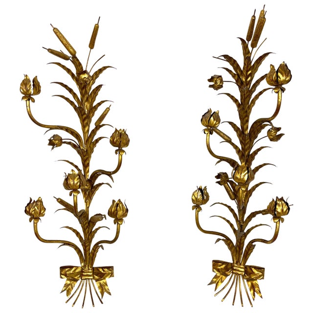 Decorative Italian Gilt Metal Candle Sconces Bulrush Motif - A Pair For Sale - Image 13 of 13