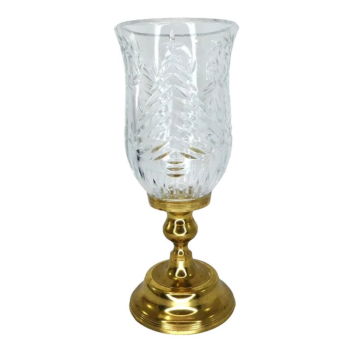 Mid 20th Century Christmas Hurricane Lamp Candle Holder Crystal & Brass