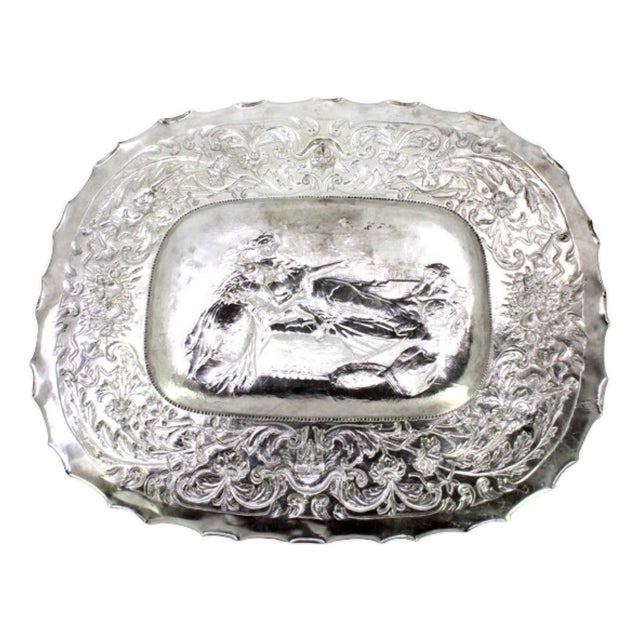 Wall Tray in Embossed Silver with Elliptical Biblical Scene and Wavy Edge For Sale