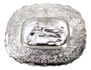 Wall Tray in Embossed Silver with Elliptical Biblical Scene and Wavy Edge