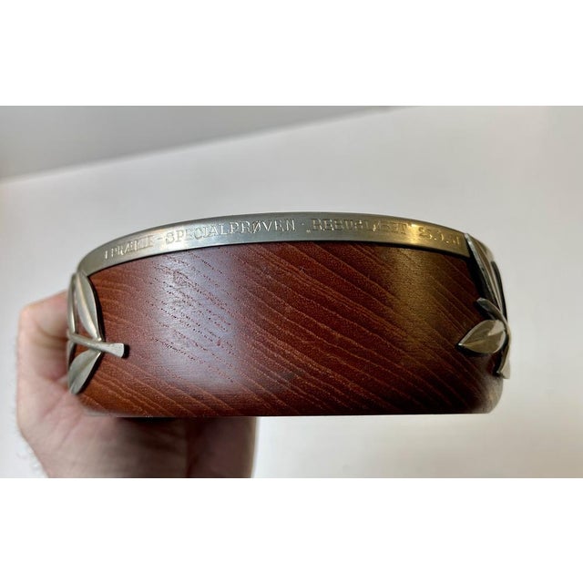 Vintage Danish Teak Bowl with Pewter Flowers, 1960s For Sale - Image 9 of 11