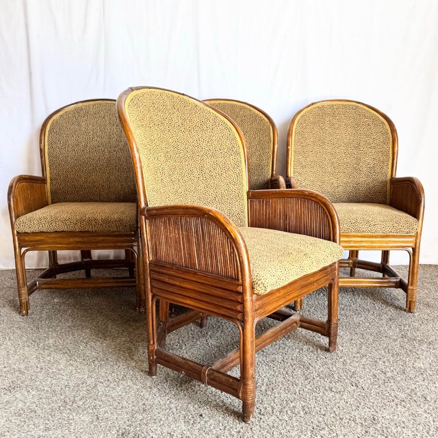 Wood Boho Chic Pencil Reed Back Rattan Leopard Print Dining Arm Chairs - Set of 4 For Sale - Image 7 of 11