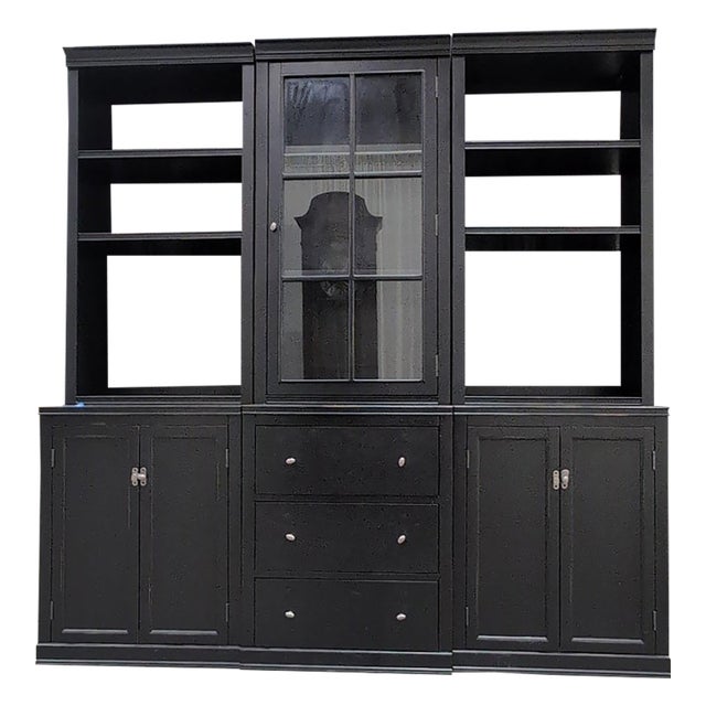Pottery Barn Logan 6-Piece Modular Wall Unit With Glass Door Hutch, Black For Sale