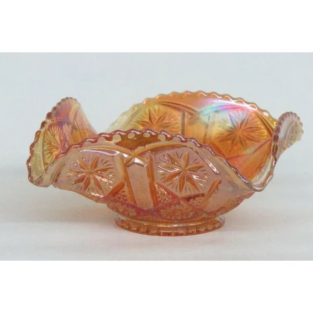Traditional Imperial Star and File Marigold Carnival Glass Ruffled Sawtooth Bowl Dish For Sale - Image 3 of 11