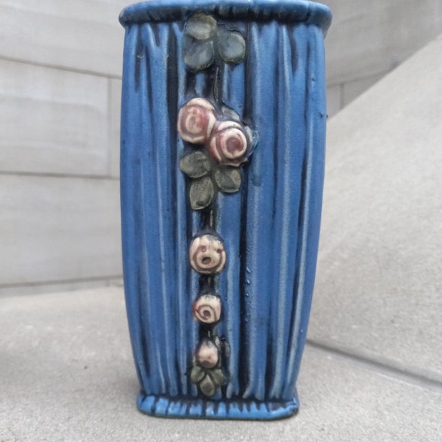 Art Nouveau 1915 Weller Art Pottery Blue Drapery Pair (2x) of Vases For Sale - Image 3 of 12