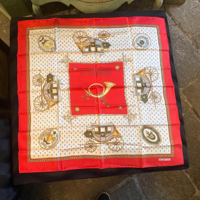French 1990s "Messageries Et Diligences" Carré Silk Scarf by Celine Paris For Sale - Image 3 of 13