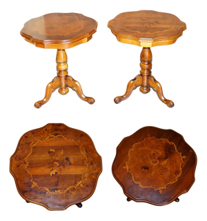 Vintage Italian Marquetry Inlaid Burr Walnut and Hardwood Side Tables, Set of 2
