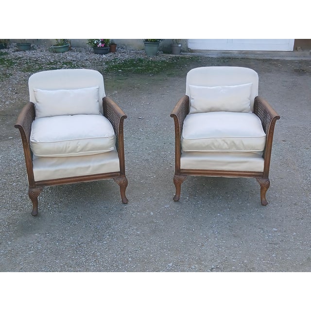 Vintage Louis XV Style Cane and White Fabric Armchairs, 1950, Set of 2 For Sale - Image 9 of 10