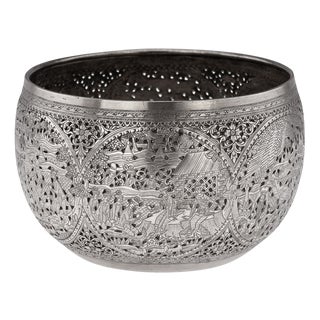 Antique Burmese Pierced Silver Pyusawhti Folk Tale Bowl, 1918 For Sale