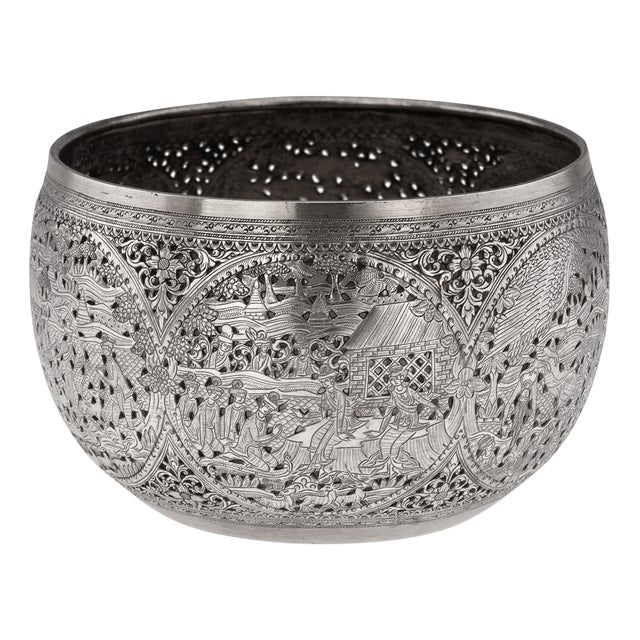 Antique Burmese Pierced Silver Pyusawhti Folk Tale Bowl, 1918 For Sale