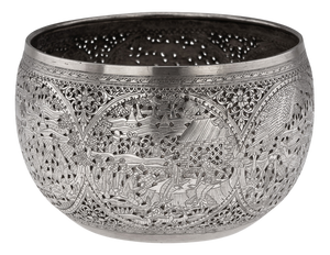 Antique Burmese Pierced Silver Pyusawhti Folk Tale Bowl, 1918