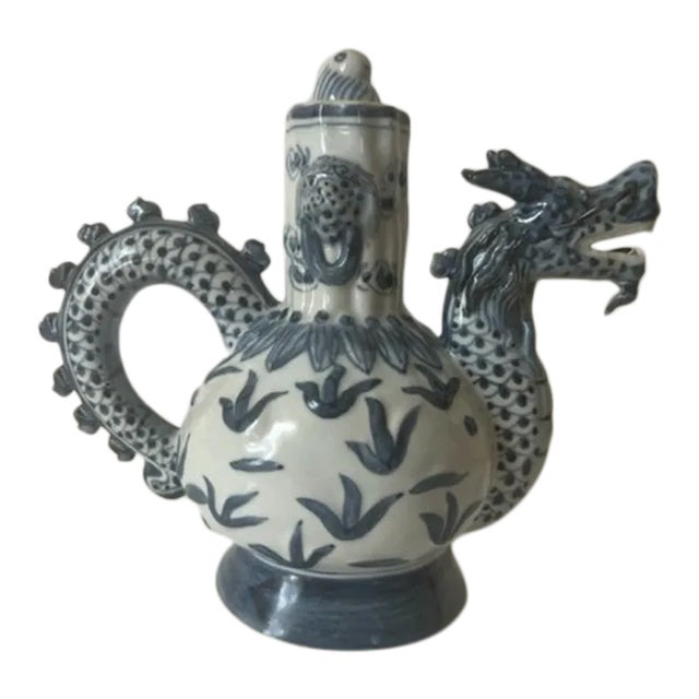 Vintage Chinese Blue & White Porcelain Dragon Tea Pot For Sale