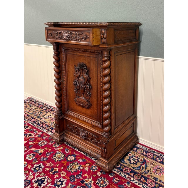 Wood Antique French Renaissance Revival Oak Cabinet Barley Twist Carved Drawers 19thC For Sale - Image 7 of 17