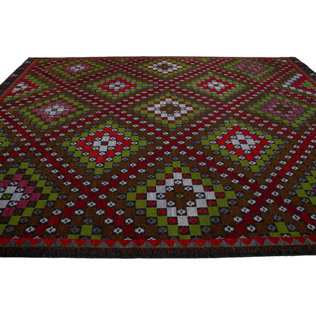2010s Brown Modern Soumak Handmade Multicolor Geometric Designed Wool Rug For Sale - Image 5 of 11