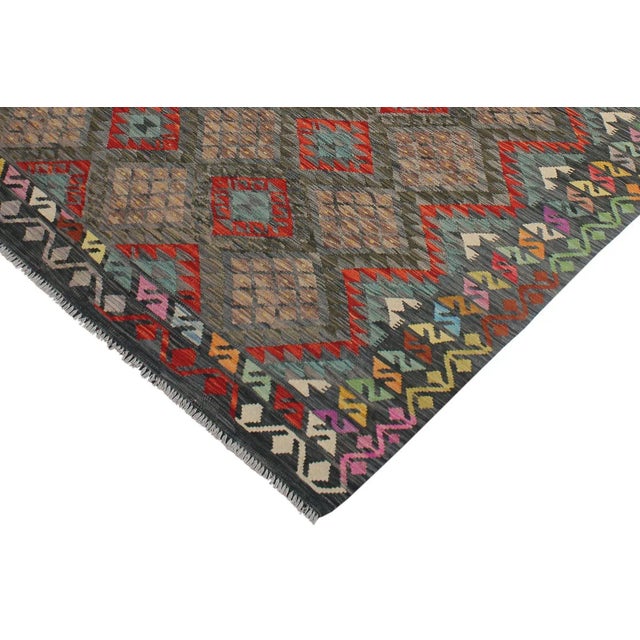 Rustic Early 21st Century Southwestern Kilim Charcoal Green Wool Rug For Sale - Image 3 of 8