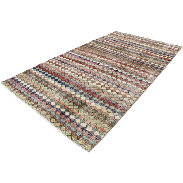 Distressed Vintage Turkish Sivas Rug with Rustic Mid-Century Modern Style 04'10 x 08'08. This hand-knotted wool distressed...