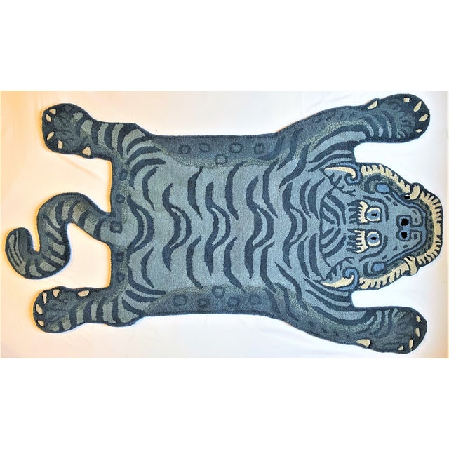 Persian Vintage Blue Tibetan Tiger Hunting Shape Persian Rug For Sale - Image 3 of 7