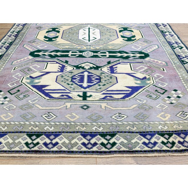 Purple Vintage Handwoven Caucasian Turkish Rug – Soft Lilac Tones, Distressed Finish, All-Wool For Sale - Image 8 of 12