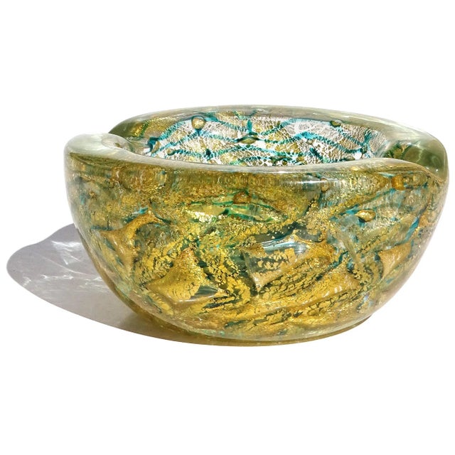 Beautiful vintage Murano hand blown emerald green and gold flecks Italian art glass chunky bowl or ashtray. Documented to...