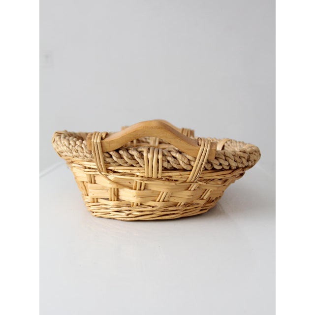 Vintage Wicker Catchall Basket With Wooden Handles For Sale - Image 4 of 10
