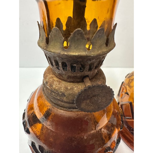 Vintage 1960s/70s Miniature Amber Stained Glass Oil Lanterns- Set of 2 For Sale In Orlando - Image 6 of 8