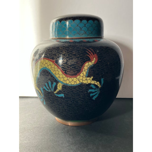 Chinese Vintage Chinese Cloisonné Dragon Ginger Jar W/ Lid, Decorative Collectible Vase For Sale - Image 3 of 12