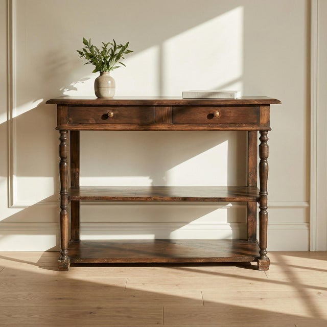 Charming antique console table in solid wood with a rustic and timeless style. It features two drawers on the front and...