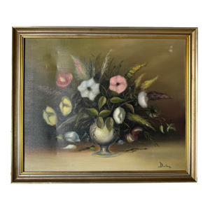 1980's Paul Dallas Still Life of Flowers on a Vase Oil on Canvas Painting, Framed