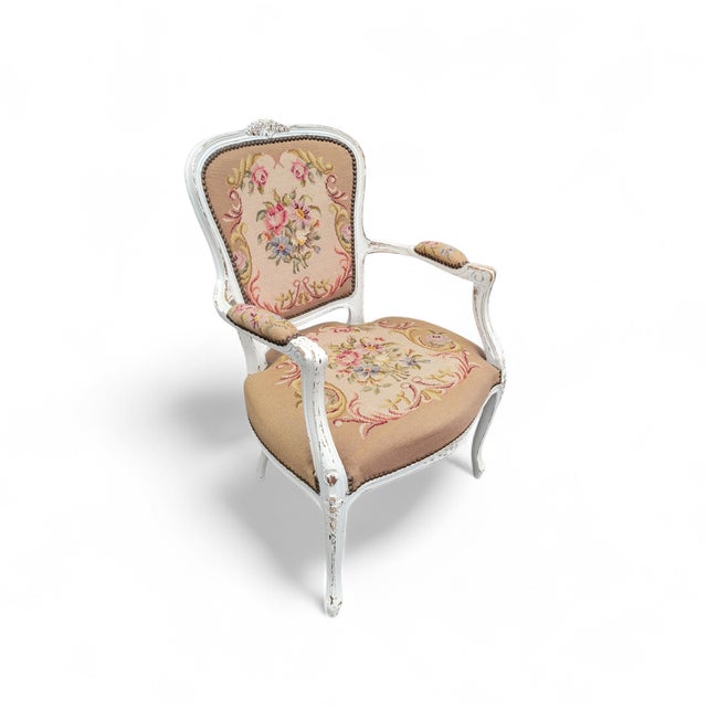 French Louis XV Style Armchair with Hand-Embroidered Floral Needlepoint, 1920s For Sale - Image 9 of 18