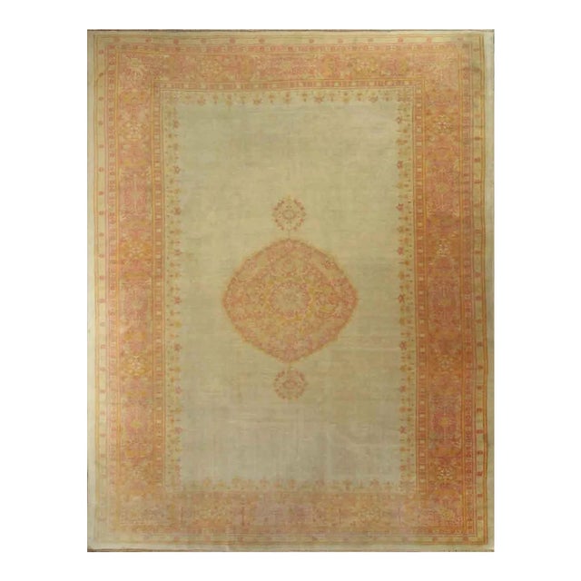 Late 19th Century Antique Turkish Green Oushak Rug 11'1" X 14'6" For Sale
