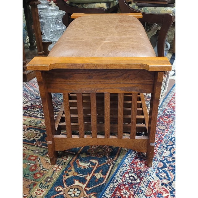 American 1990s Mission Style Oak Bomber Leather Window Bench For Sale - Image 3 of 10