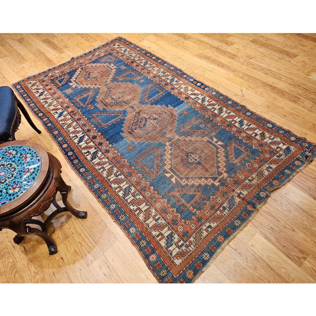Blue 19th Century Caucasian Kazak Rug, Hand-knotted Wool, Geometric Design, Royal Blue. 5' x 8' For Sale - Image 8 of 16