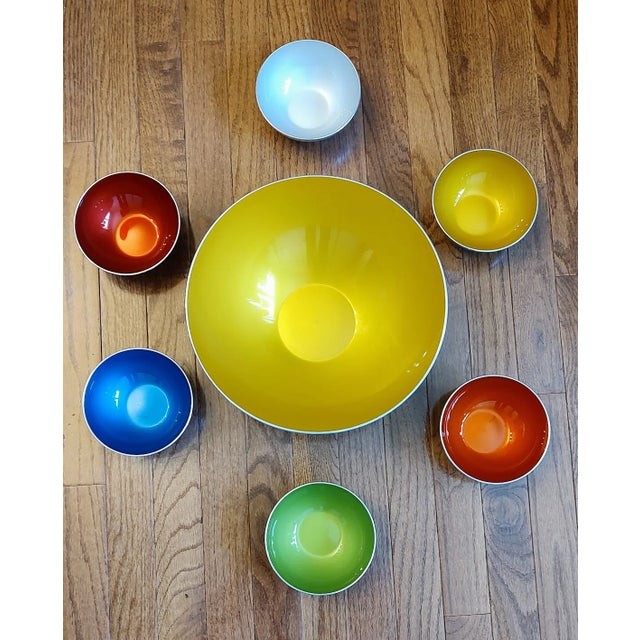 Set of seven (one large and 6 small) Emalox Snacking or Salad bowls from Norway in the style of Bjorn Engo. The bowls are...