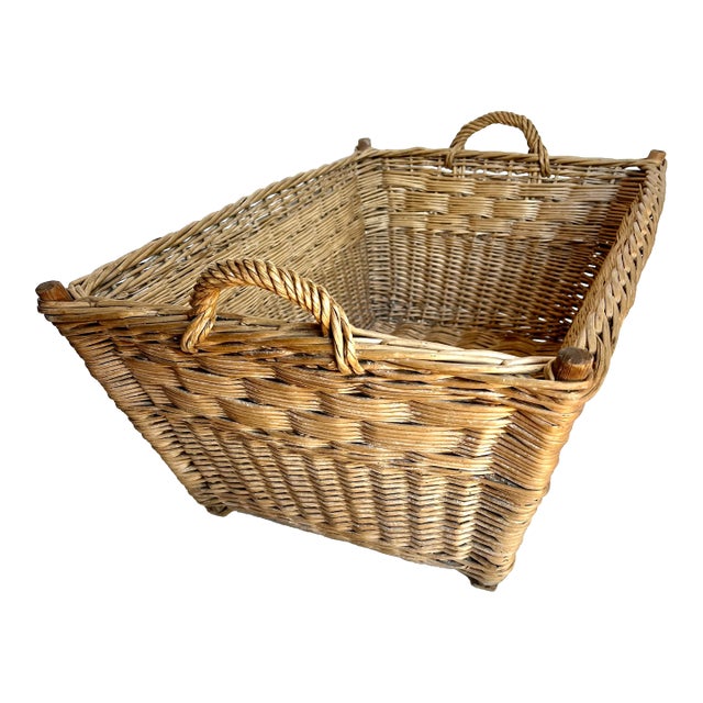 Vintage 1940s European Woven Wicker Rectangular Market Basket For Sale