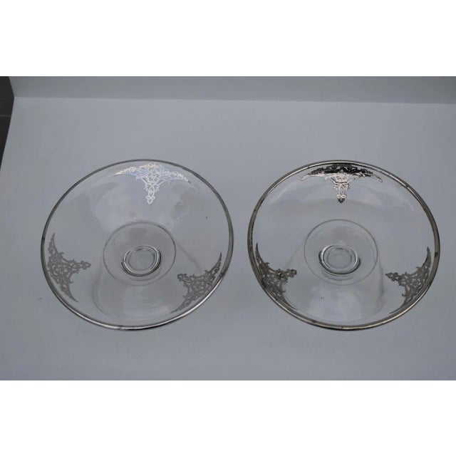 Glass Vintage Pair of Art Deco Style Glass Pedestal Bowls W/SIlver Overlay For Sale - Image 7 of 13