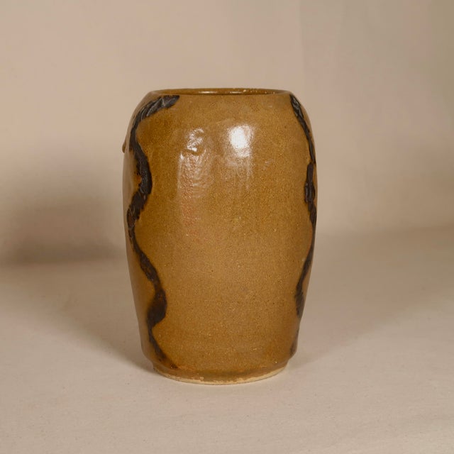 Ceramic Organic Wheel Thrown Wood-Fired Stoneware Vase With Snake-Like Raised Surface Lines For Sale - Image 7 of 15