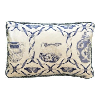 Blue and White Ceramics Butterfly and Ribbon Designer Pillow For Sale